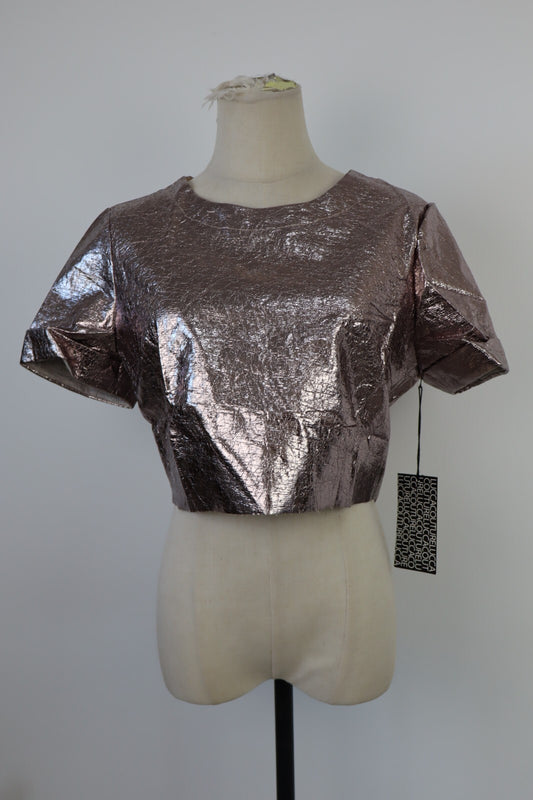 MAGLIA CROP TOP DONNA TG L T-SHIRT INDIE METALLIZZATO FUTURISTICO Y2K 2000'S