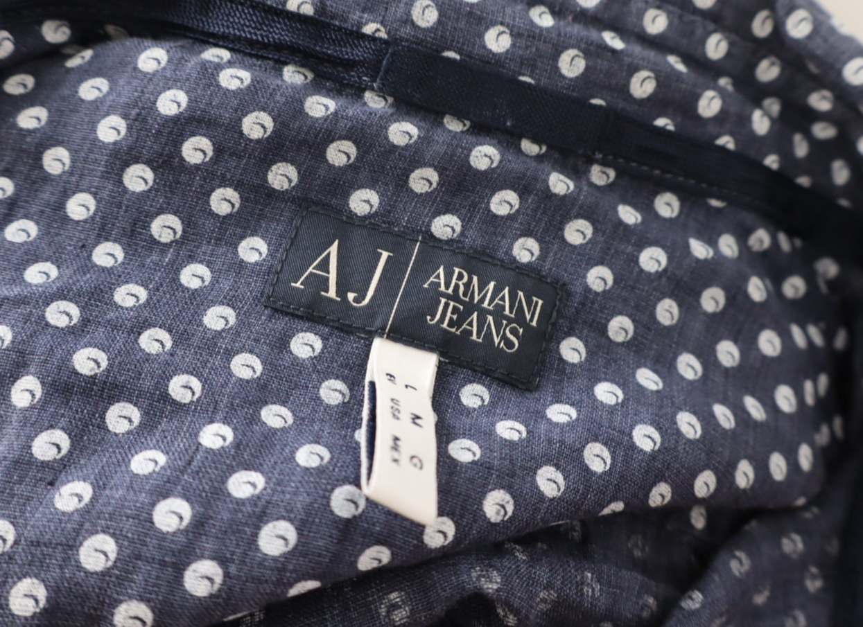 ARMANI JEANS CAMICIA UOMO LINO TG. L MAN CASUAL VINTAGE LINEN SHIRT POIS TASCHE
