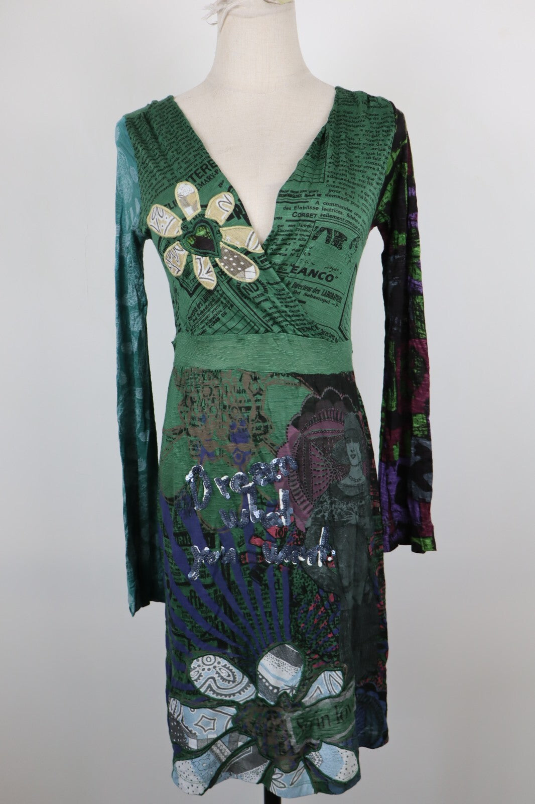 DESIGUAL VESTITO MANICHE LUNGHE DONNA TG. XS WOMAN CASUAL VINTAGE DRESS ABITO