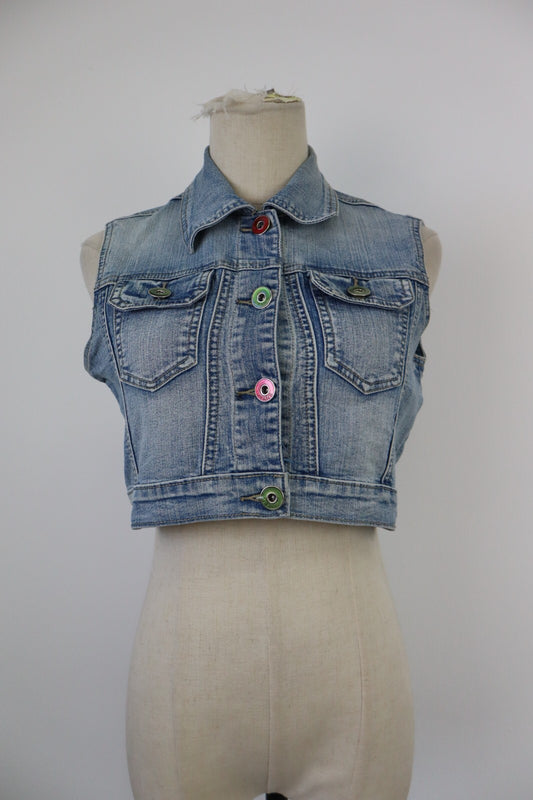 GIUBBINO JEANS GILLET SMANICATO DONNA S JACKET DENIM GRUNGE VINTAGE Y2K 2000'S