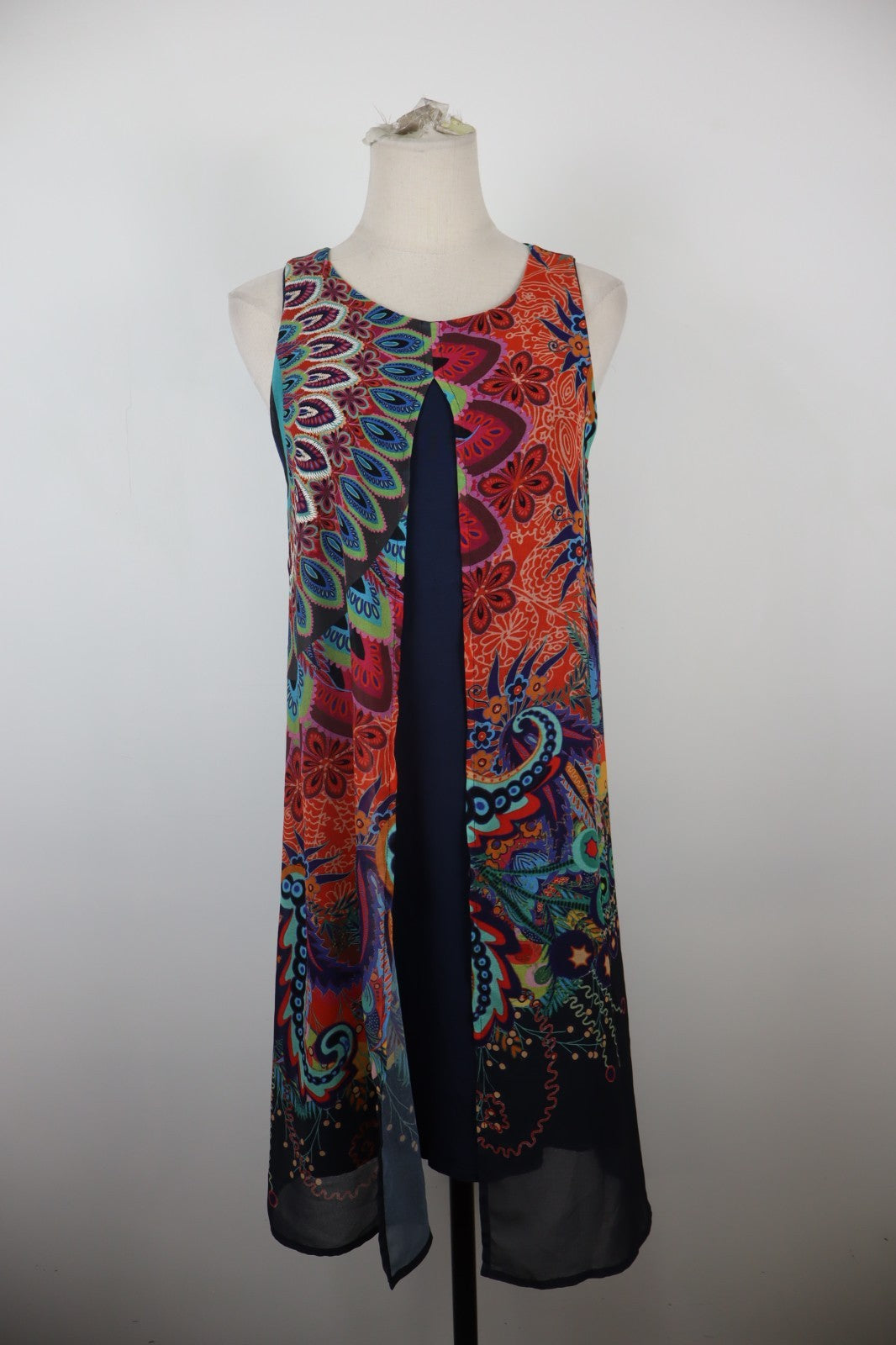 DESIGUAL VESTITO SMANICATO DONNA TG. 38 WOMAN CASUAL VINTAGE DRESS ABITO VELATO