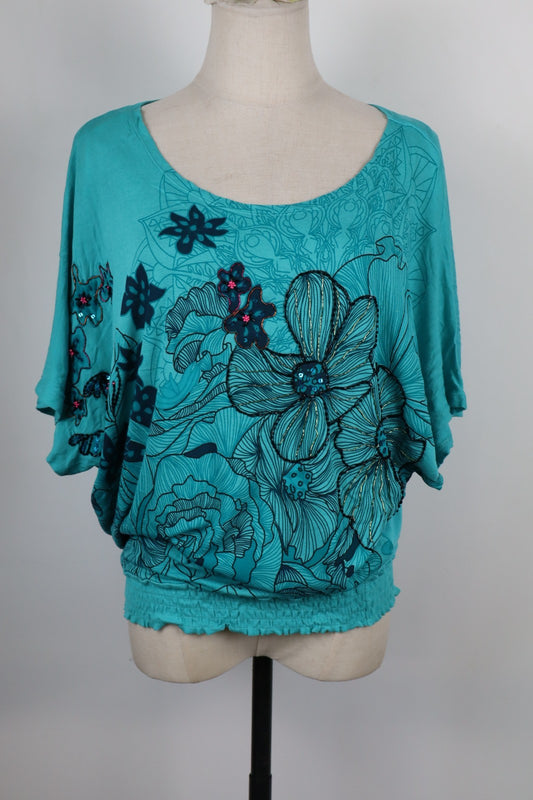 DESIGUAL MAGLIA DONNA TG. M WOMAN CASUAL VINTAGE T-SHIRT BLUSA PERLINE