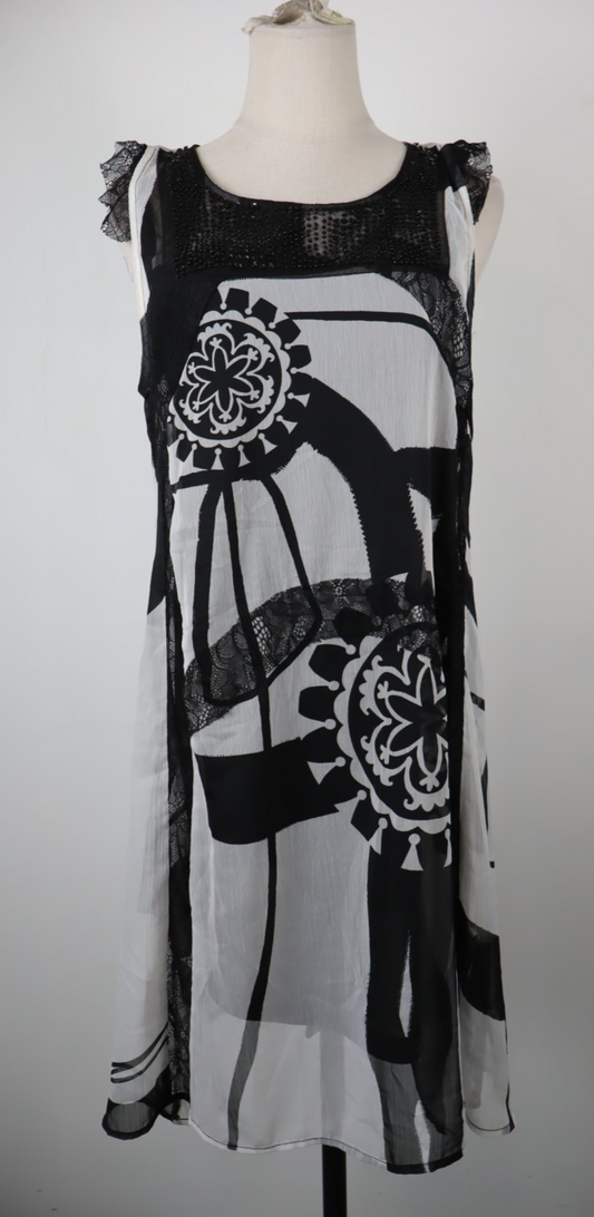 DESIGUAL  VESTITO ABITO DONNA TG.  42 WOMAN CASUAL VINTAGE DRESS BLACK AND WHITE