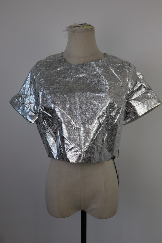 MAGLIA CROP TOP DONNA TG L T-SHIRT INDIE METALLIZZATO FUTURISTICO Y2K 2000'S