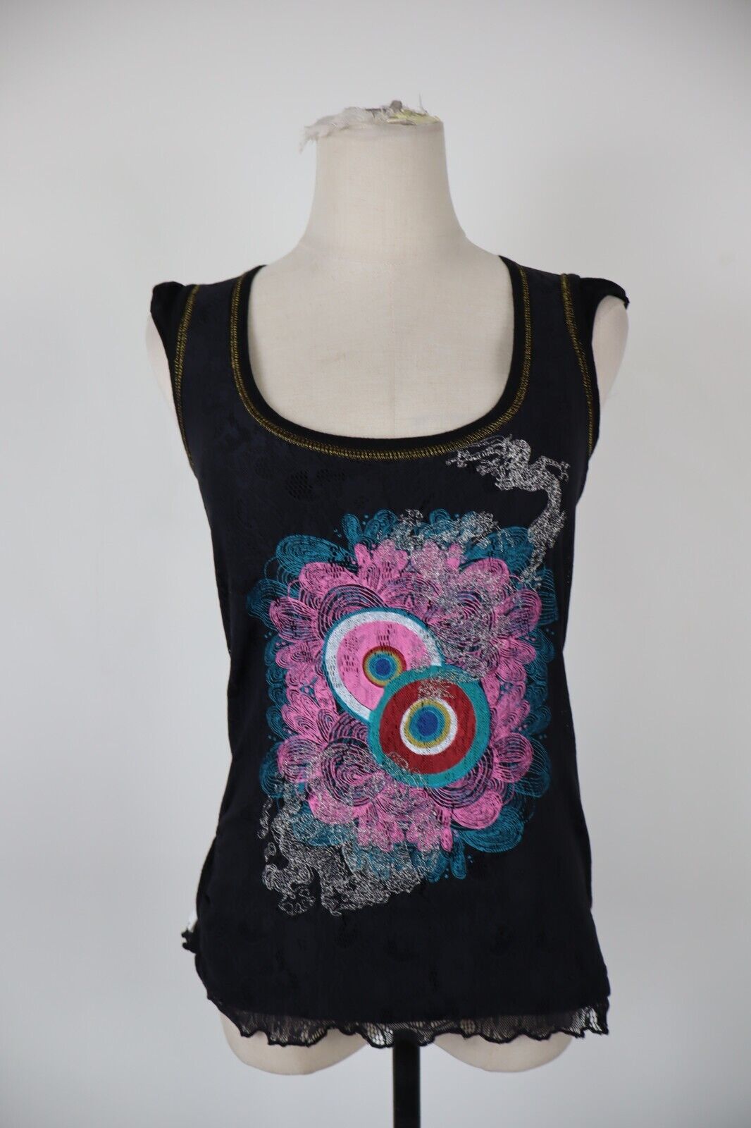 DESIGUAL MAGLIA CANOTTA TOP DONNA TG. L WOMAN T-SHIRT CASUAL VINTAGE COTONE