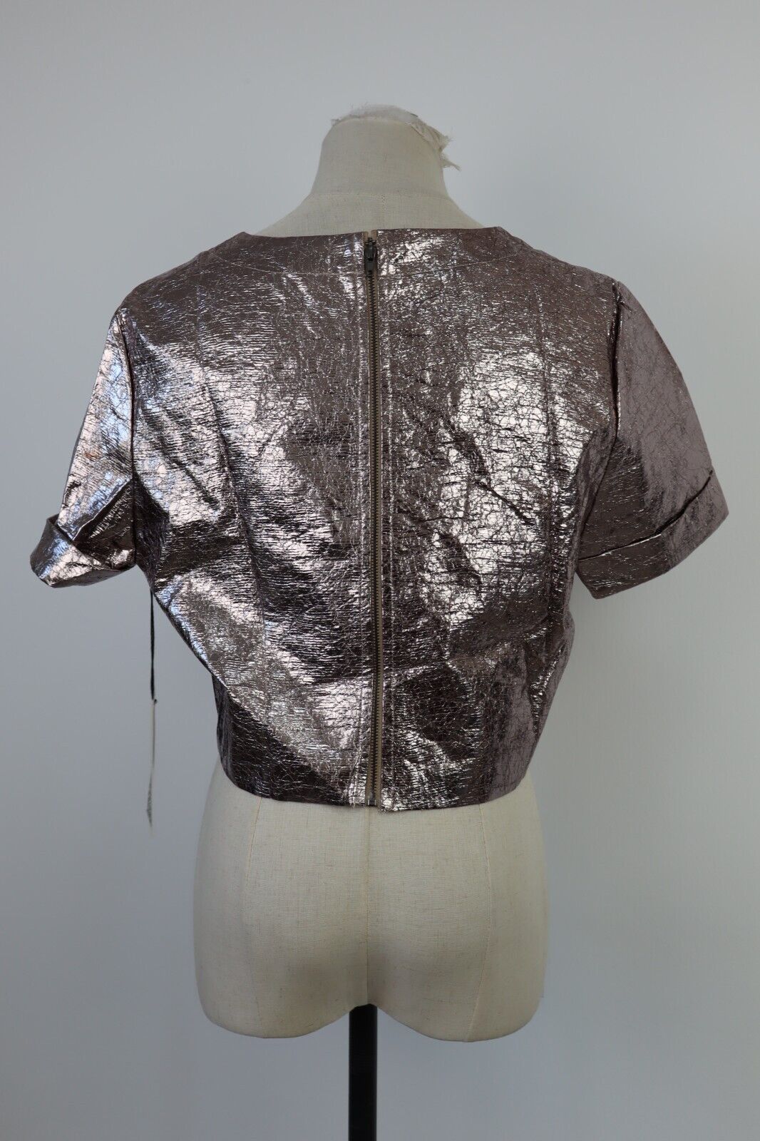 MAGLIA CROP TOP DONNA TG L T-SHIRT INDIE METALLIZZATO FUTURISTICO Y2K 2000'S