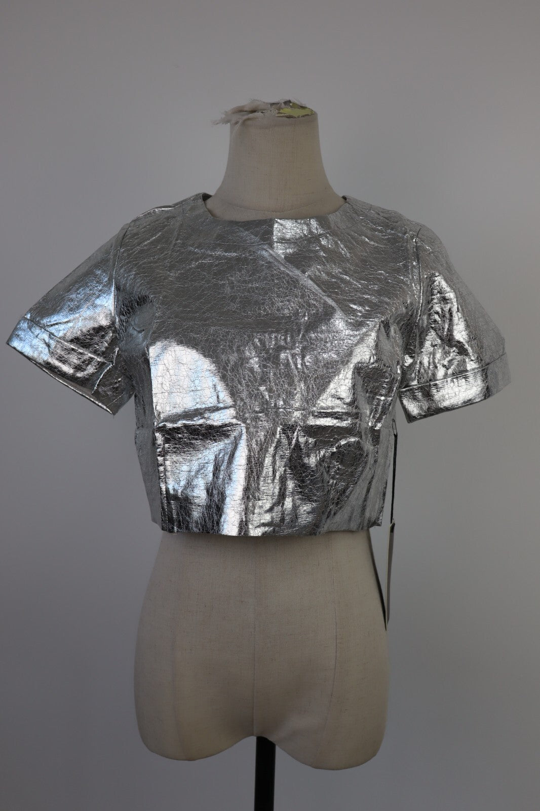 MAGLIA CROP TOP DONNA TG S T-SHIRT INDIE METALLIZZATO FUTURISTICO Y2K 2000'S