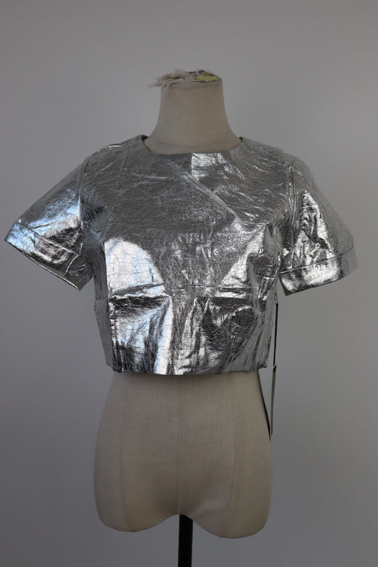 MAGLIA CROP TOP DONNA TG S T-SHIRT INDIE METALLIZZATO FUTURISTICO Y2K 2000'S