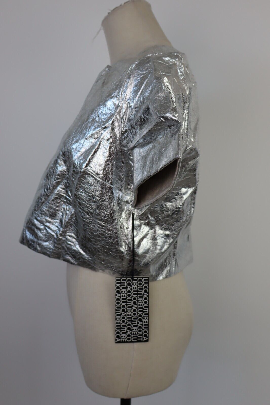 MAGLIA CROP TOP DONNA TG L T-SHIRT INDIE METALLIZZATO FUTURISTICO Y2K 2000'S