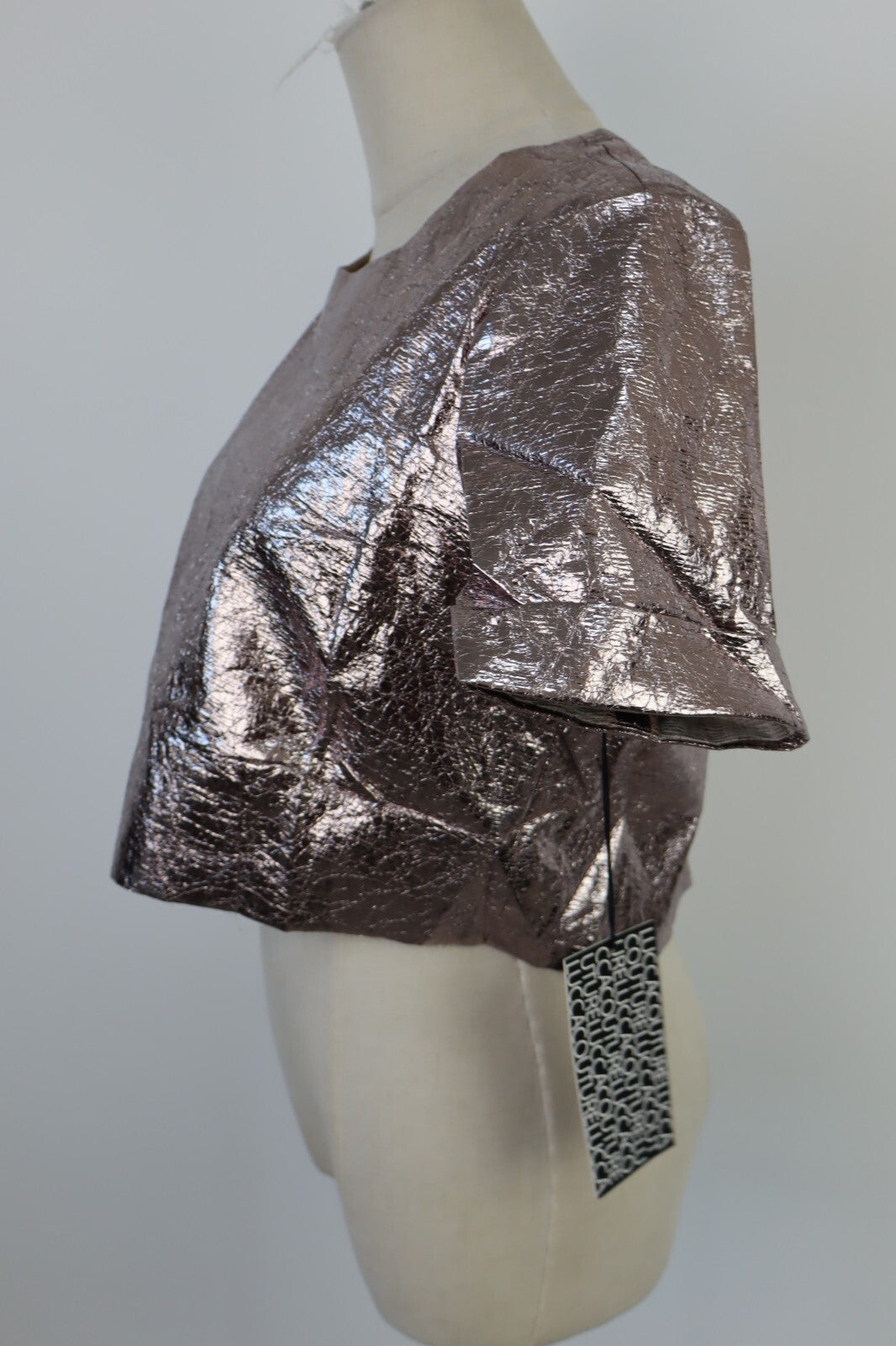 MAGLIA CROP TOP DONNA TG L T-SHIRT INDIE METALLIZZATO FUTURISTICO Y2K 2000'S