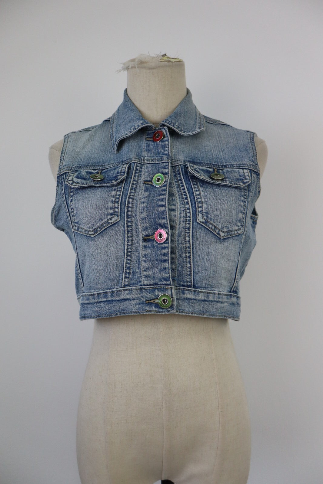 GIUBBINO JEANS GILLET SMANICATO DONNA S JACKET DENIM GRUNGE VINTAGE Y2K 2000'S