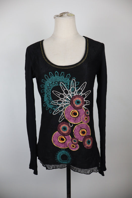 DESIGUAL MAGLIA DONNA TG. M WOMAN CASUAL VINTAGE T-SHIRT TOP COTONE MANICA LUNGA