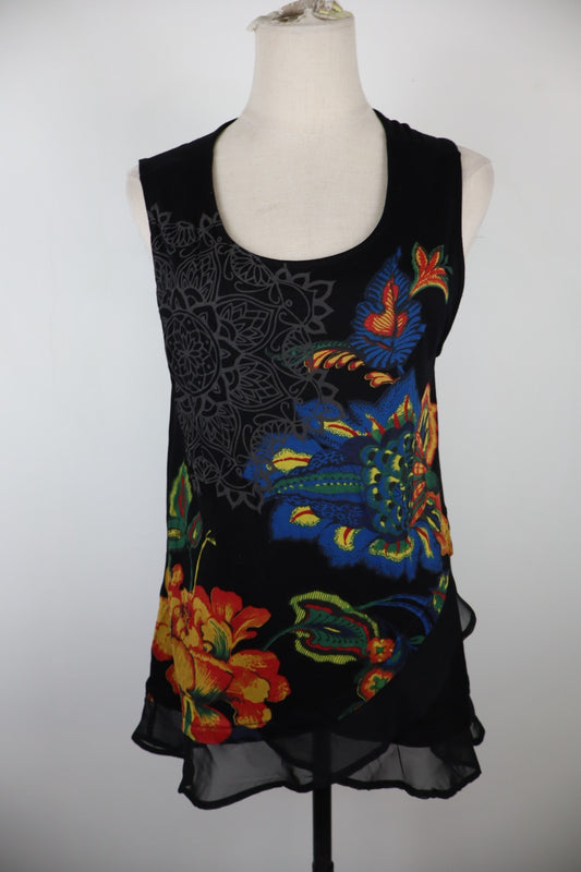 DESIGUAL MAGLIA CANOTTA TOP DONNA TG. L WOMAN T-SHIRT CASUAL VINTAGE FLOREALE