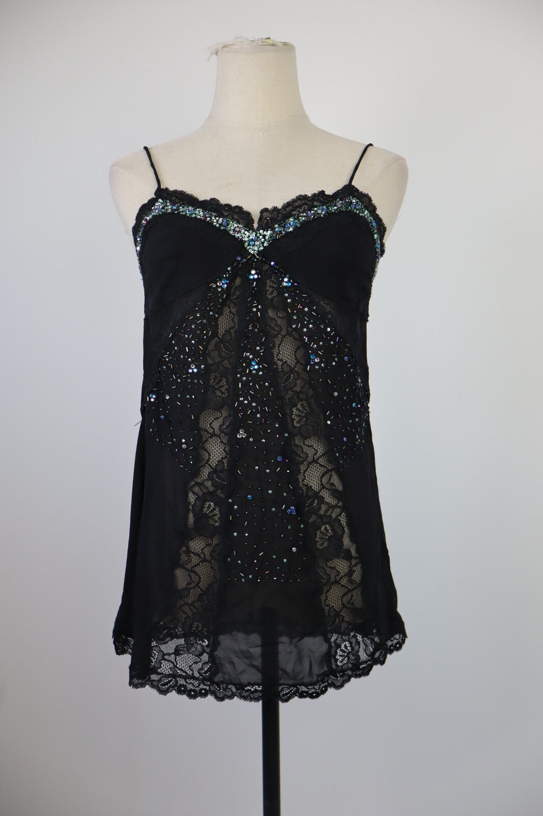 MAGLIA SLIP TOP DONNA M/L WOMAN T-SHIRT IN PIZZO GLITTER SEXY VINTAGE Y2K 2000'S